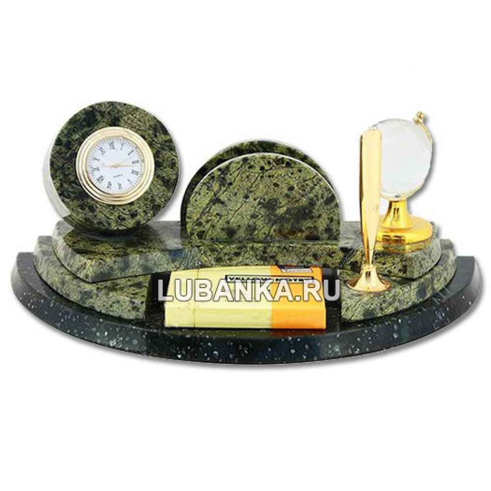 Настольный набор для руководителя «Часы с глобусом» из камня